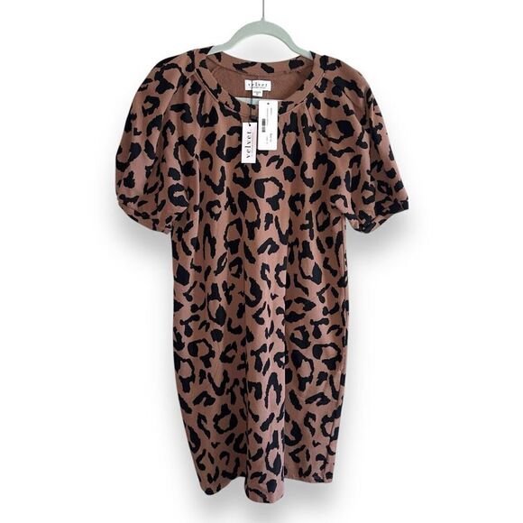 NWT Velvet By Graham & Spencer Renee Puff Dress Sz M in Camel & Black Leopard - Picture 1 of 10